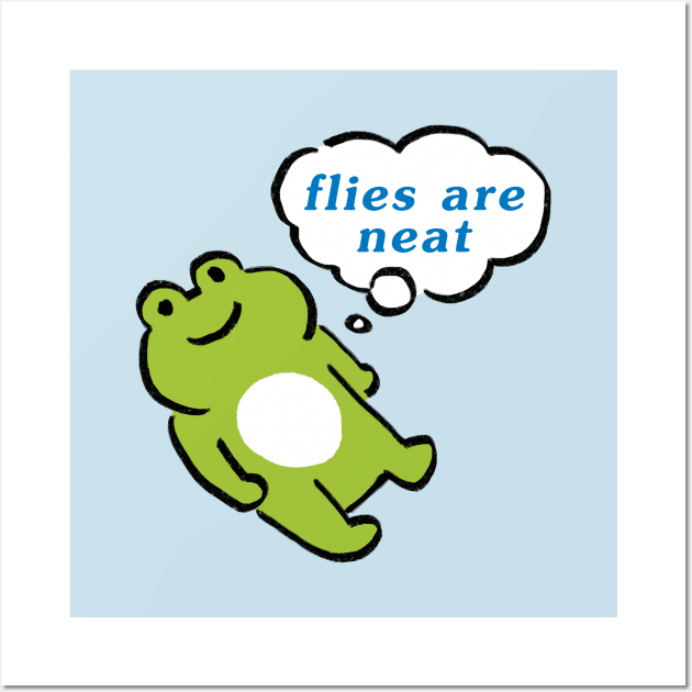 kawaii cute green frog contemplating life / flies are neat text Wall Art by mudwizard